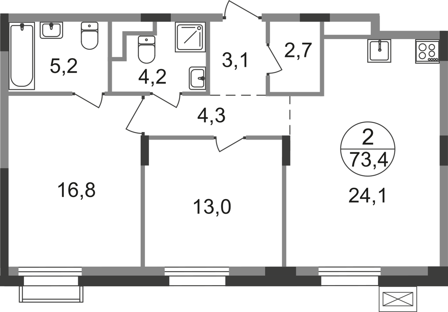 2-комнатная 73 м2 в ЖК Резиденции Сколково корпус null этаж 8