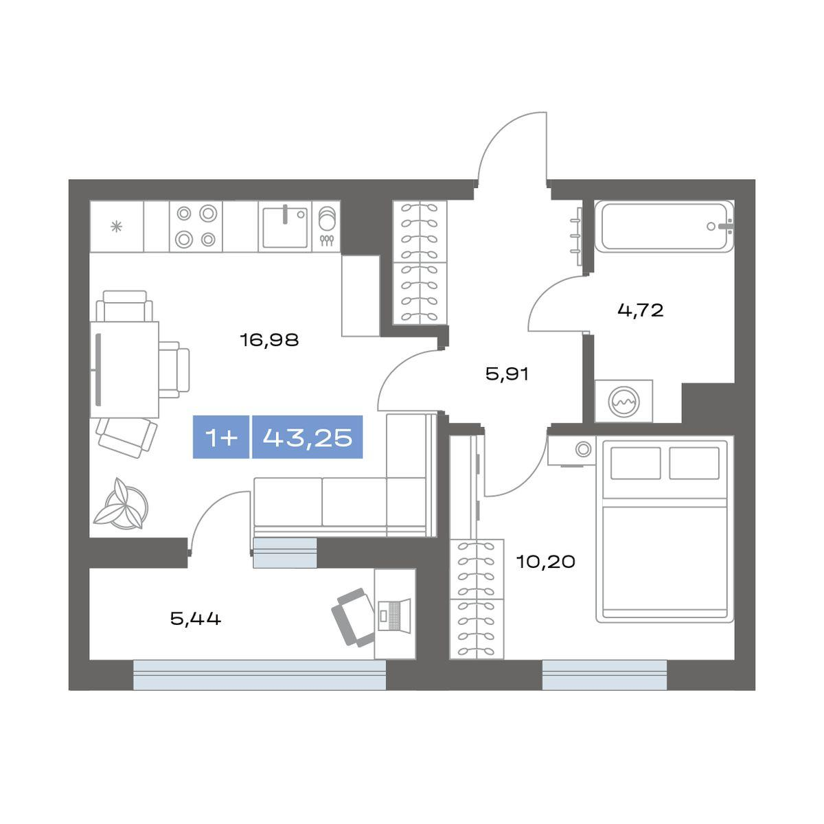 1-комнатная 43 м2 в ЖК Пятнашка корпус null этаж 1