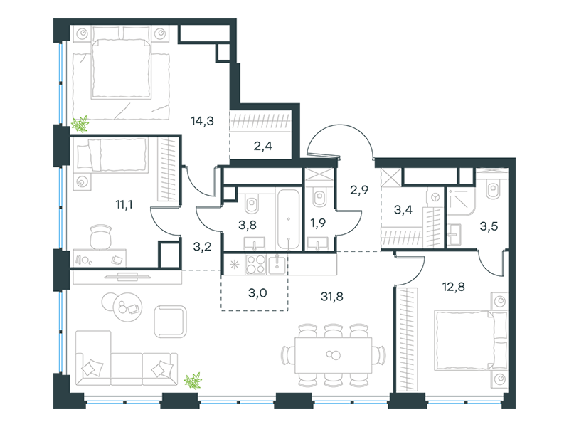 4-комнатная 94 м2 в ЖК Level Звенигородская корпус null этаж 56