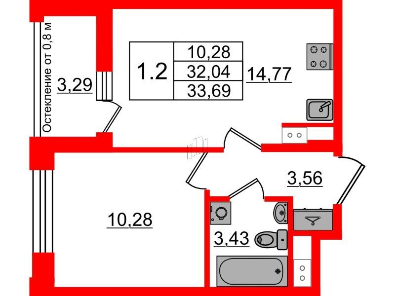 1-комнатная 32 м2 в ЖК Астра Континенталь корпус null этаж 8
