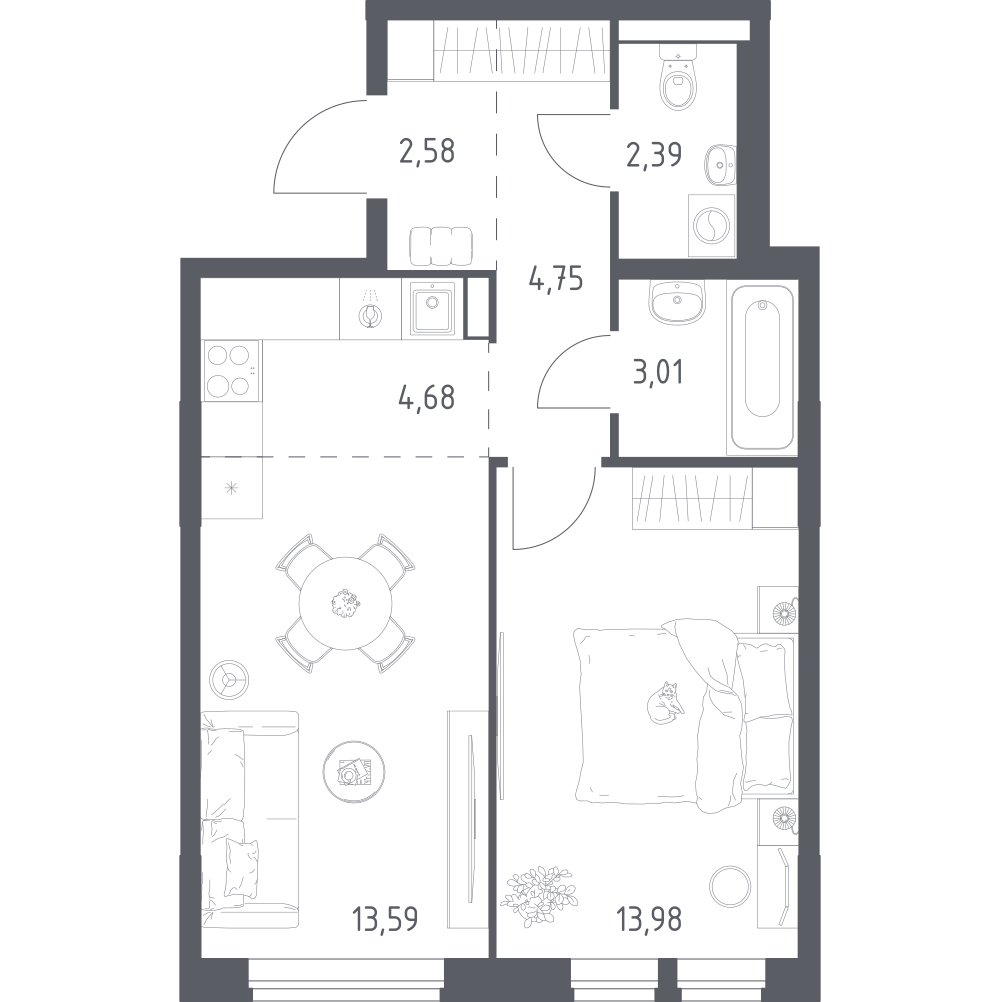 Студия 44 м2 в ЖК Квартал Авиаторов корпус null этаж 8