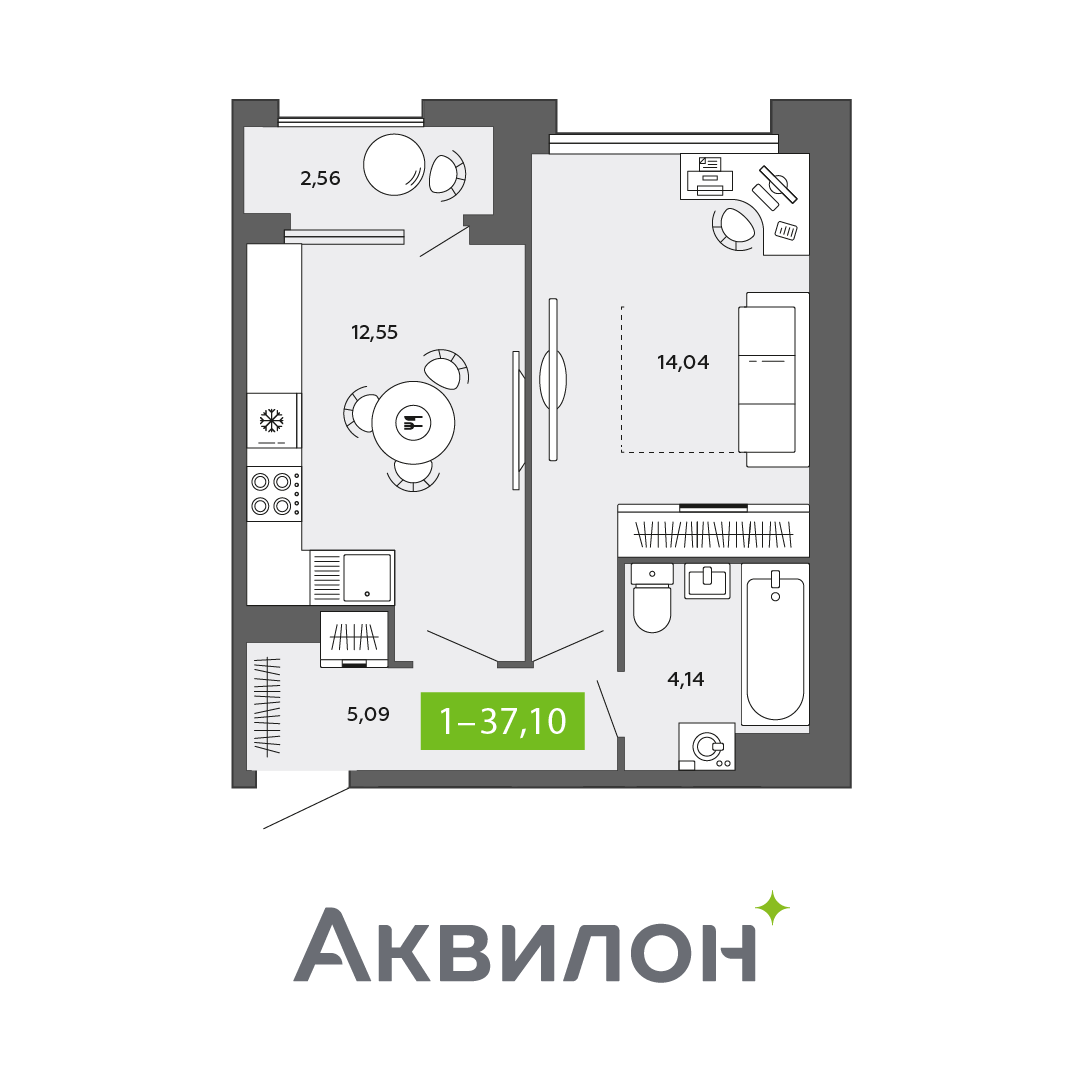 1-комнатная 37 м2 в ЖК Аквилон CITY Towers корпус null этаж 16