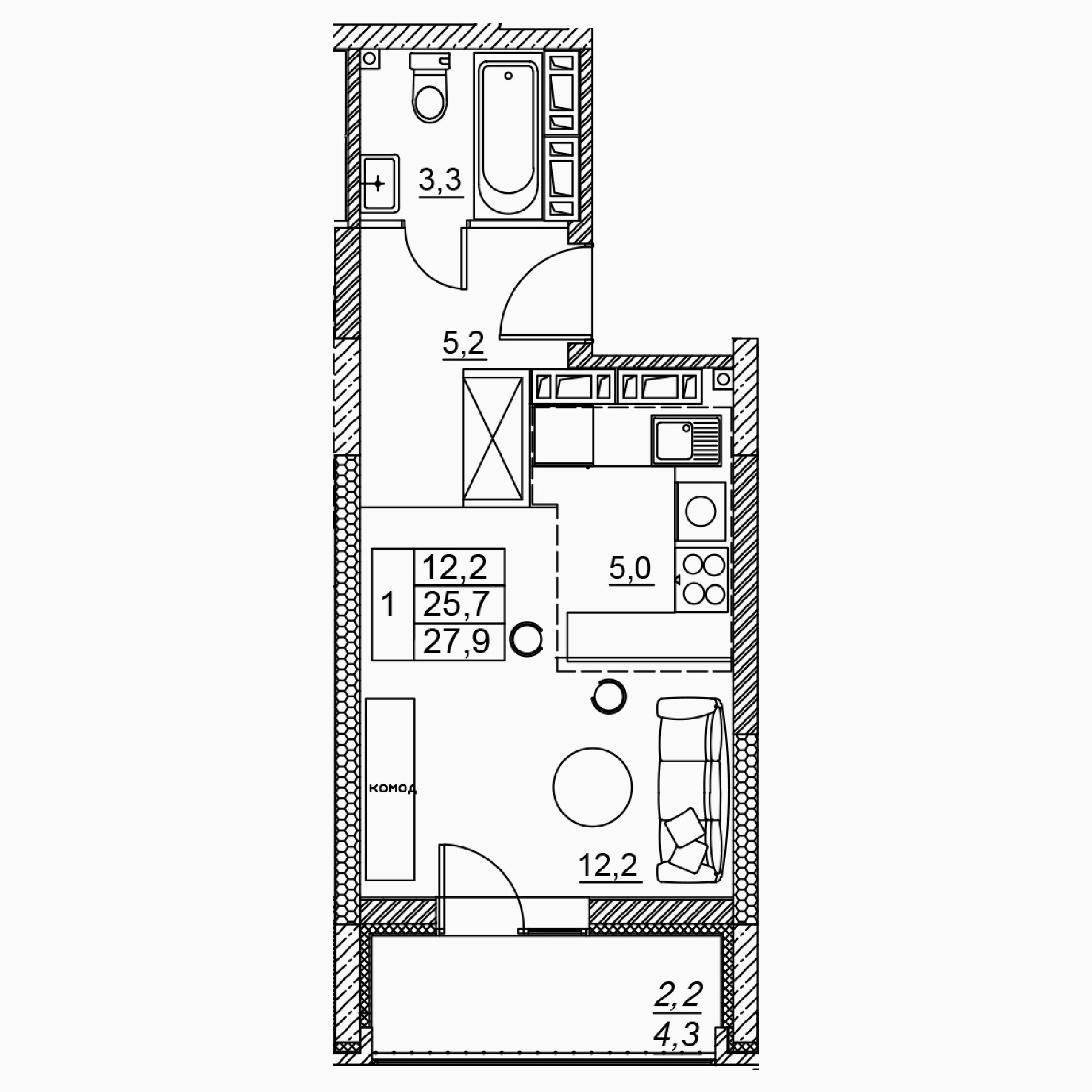 1-комнатная 27 м2 в ЖК Засекин корпус null этаж 13