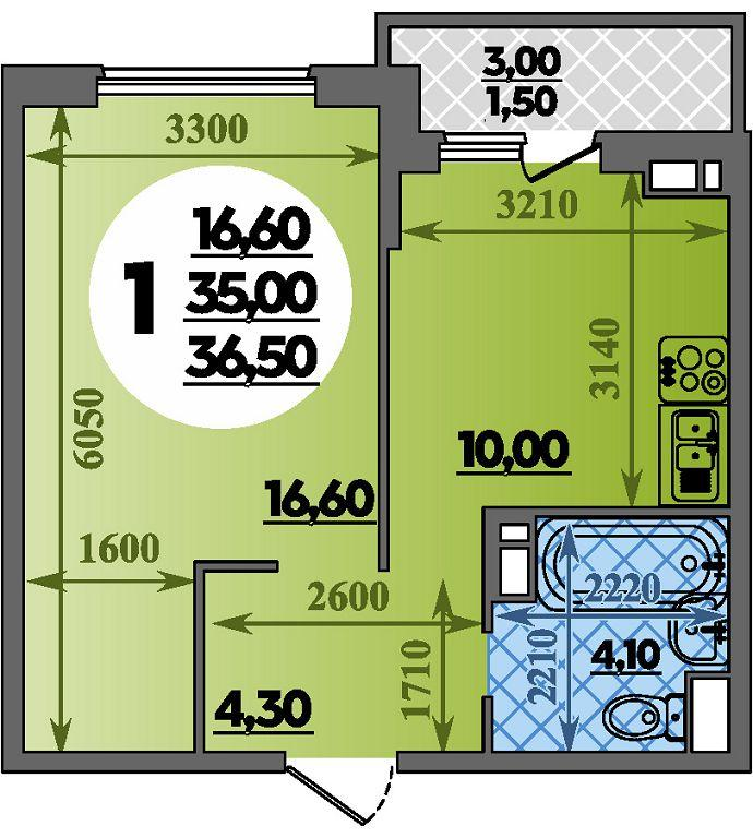 1-комнатная 36 м2 в ЖК Парк у дома корпус null этаж 2