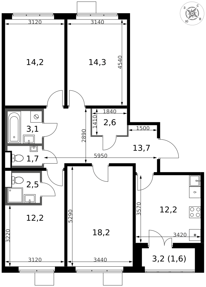 4-комнатная 96 м2 в ЖК 1-й Южный корпус null этаж 21
