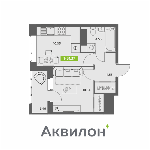 1-комнатная 31 м2 в ЖК Аквилон АКВАРТАЛ корпус null этаж 12