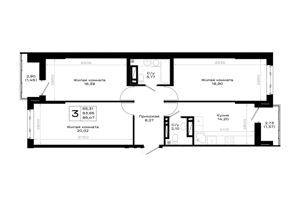 3-комнатная 86 м2 в ЖК Октябрь парк корпус null этаж 3