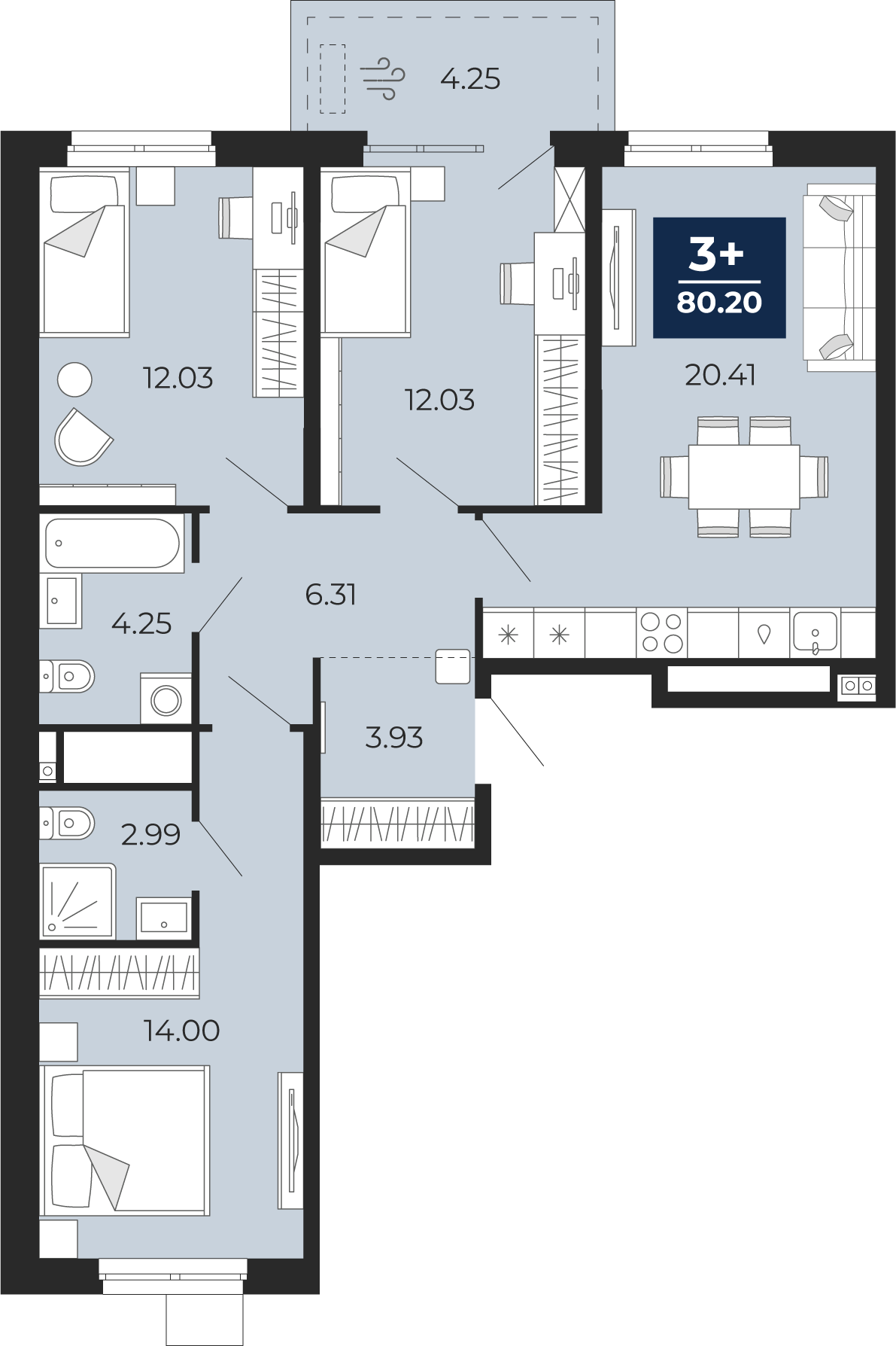 3-комнатная 75 м2 в ЖК Мириады корпус null этаж 15