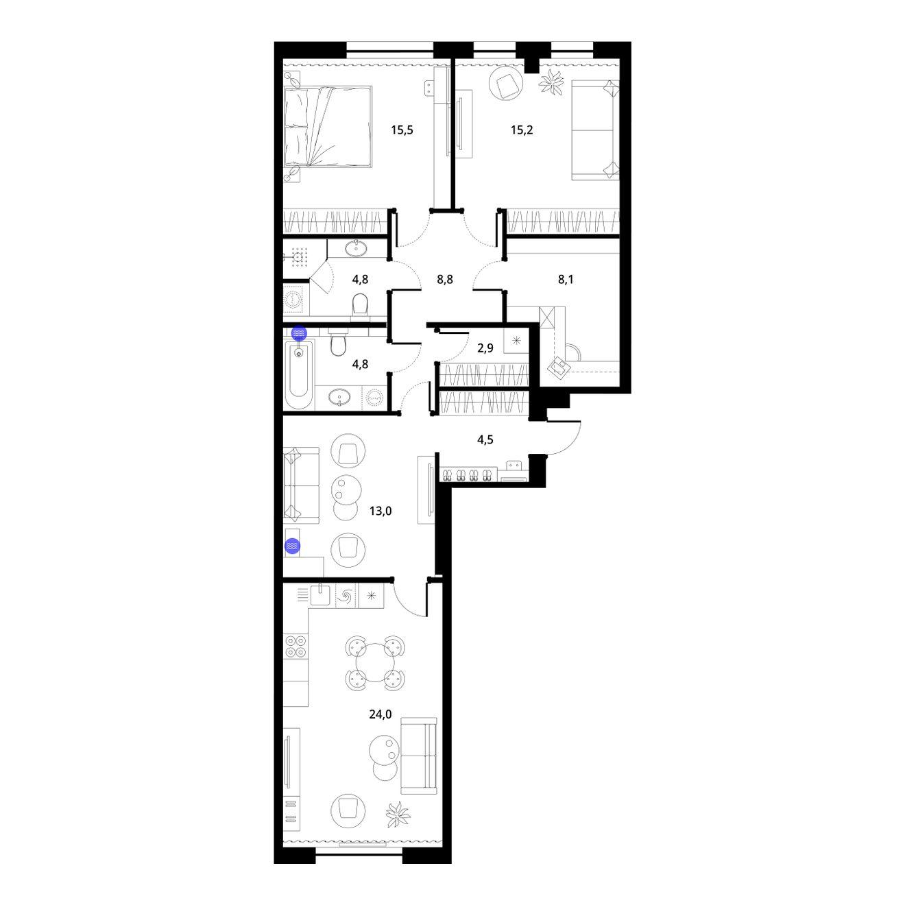 3-комнатная 105 м2 в ЖК ГринЛайт корпус null этаж 2