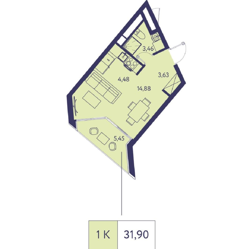 2-комнатная 31.9 м2 в ЖК undefined корпус null этаж 11