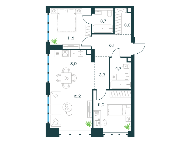 3-комнатная 67 м2 в ЖК Level Южнопортовая корпус null этаж 5