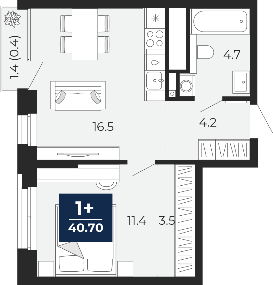 1-комнатная 40 м2 в ЖК Мириады корпус null этаж 10