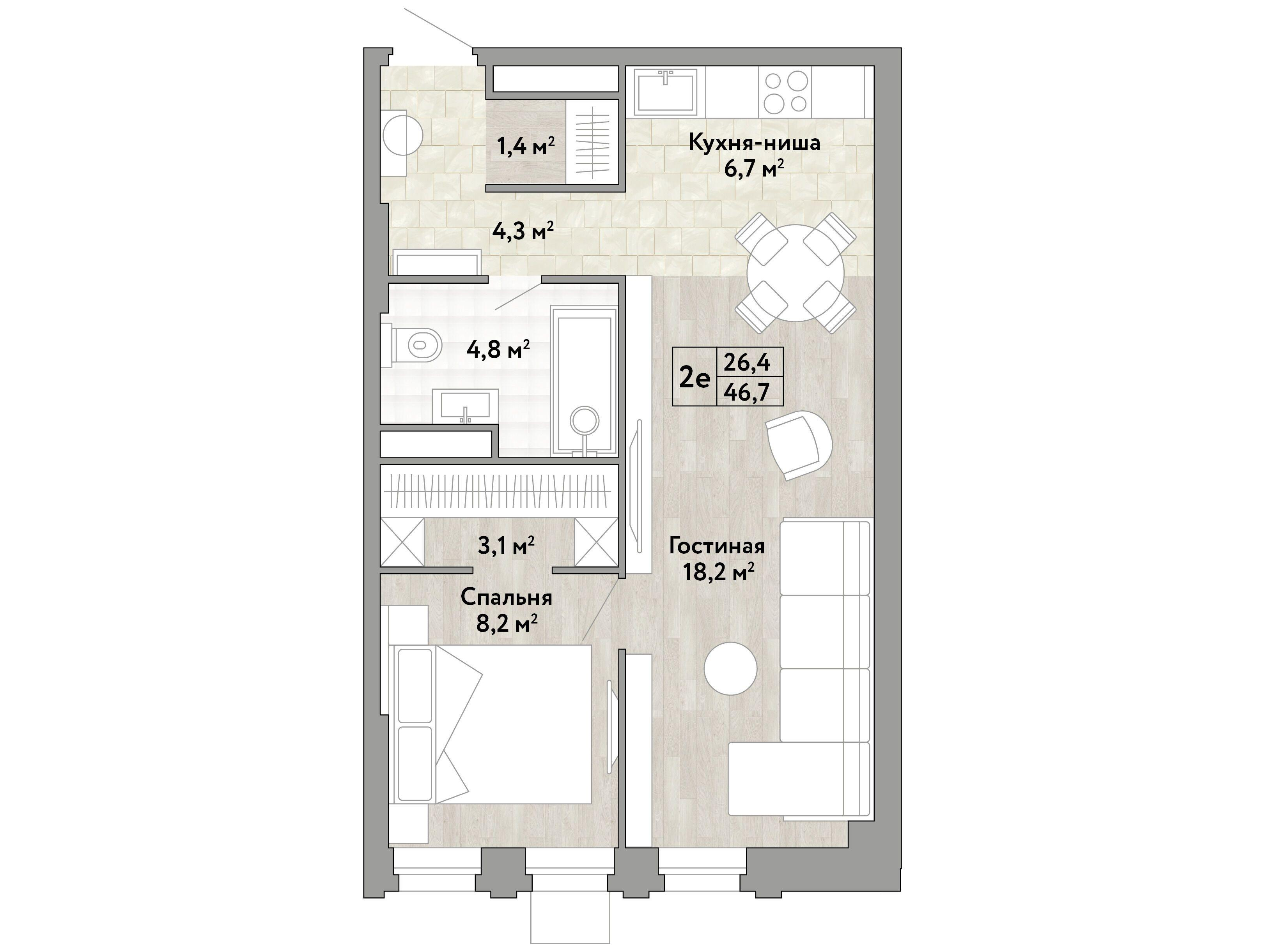1-комнатная 46 м2 в ЖК Новые Смыслы корпус null этаж 12