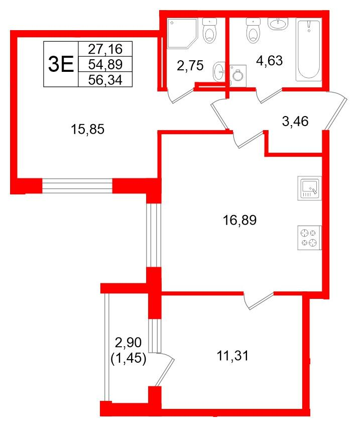 2-комнатная 56 м2 в ЖК Квартал Заречье корпус null этаж 1