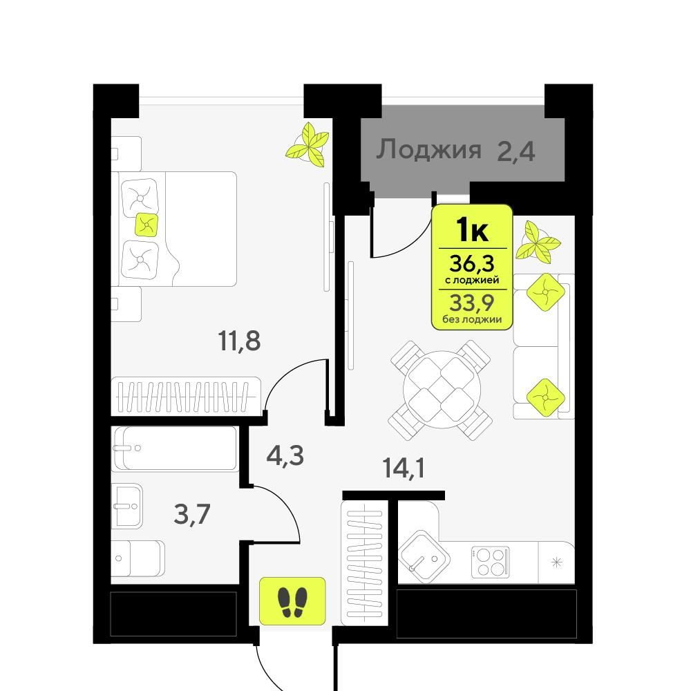 1-комнатная 36 м2 в ЖК Мотивы корпус null этаж 12