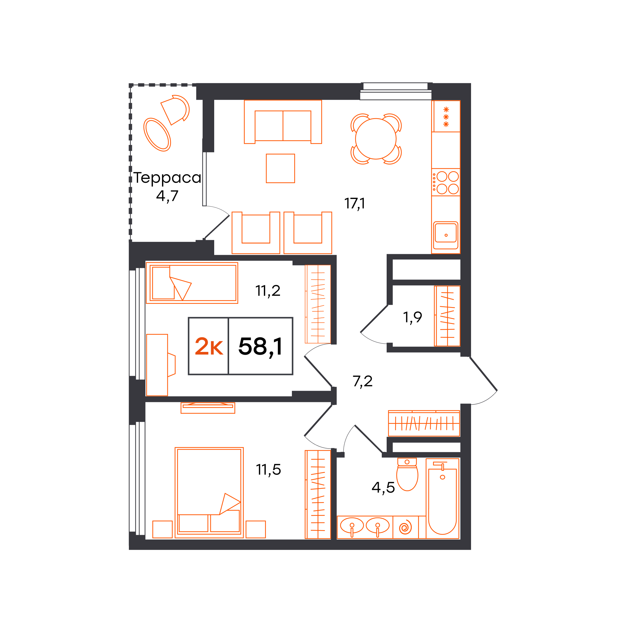 2-комнатная 58 м2 в ЖК Александровский корпус null этаж 9