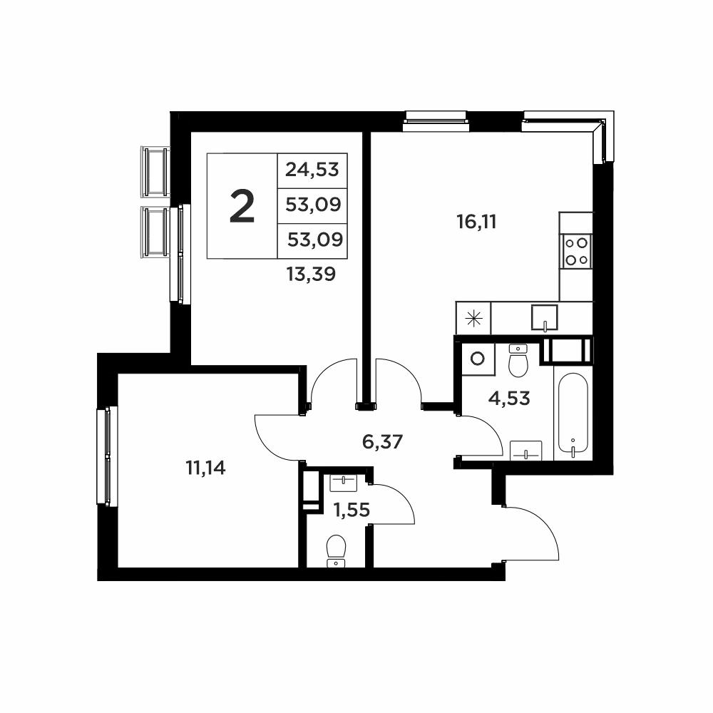2-комнатная 53 м2 в ЖК Соседи корпус null этаж 8