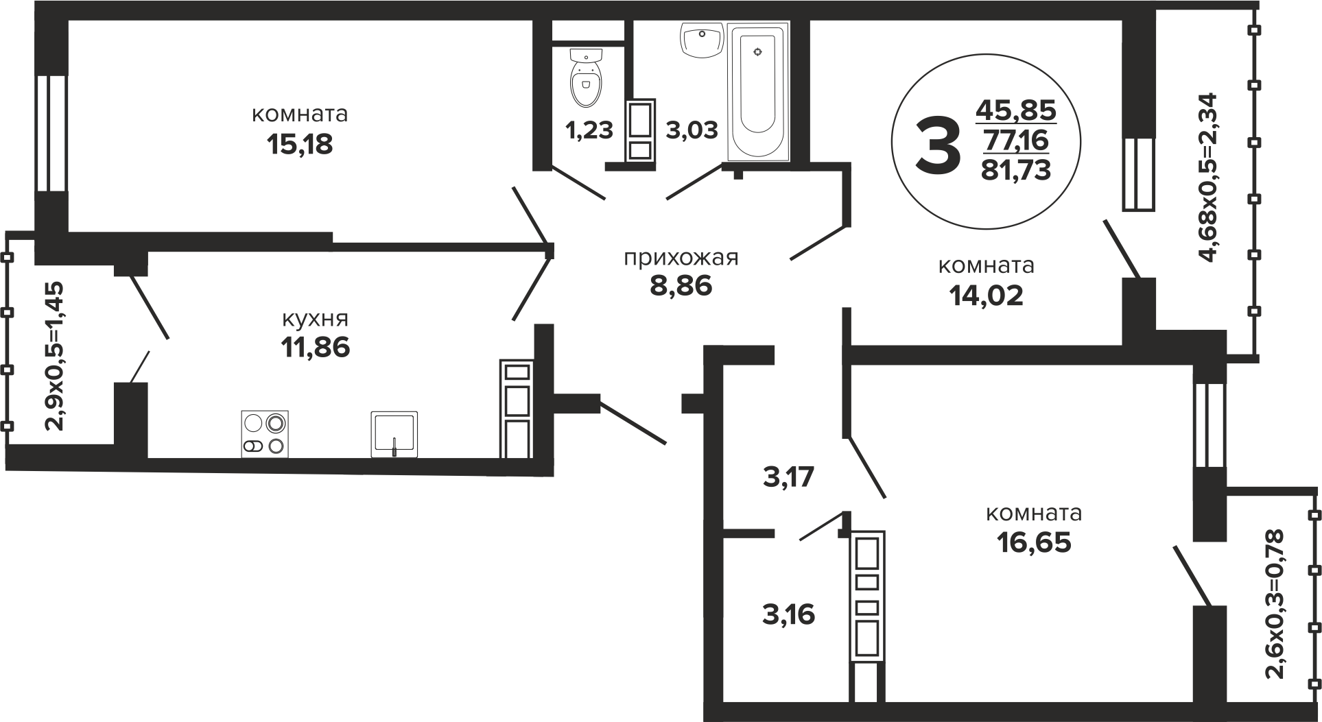 3-комнатная 83 м2 в ЖК Гулливер корпус null этаж 24