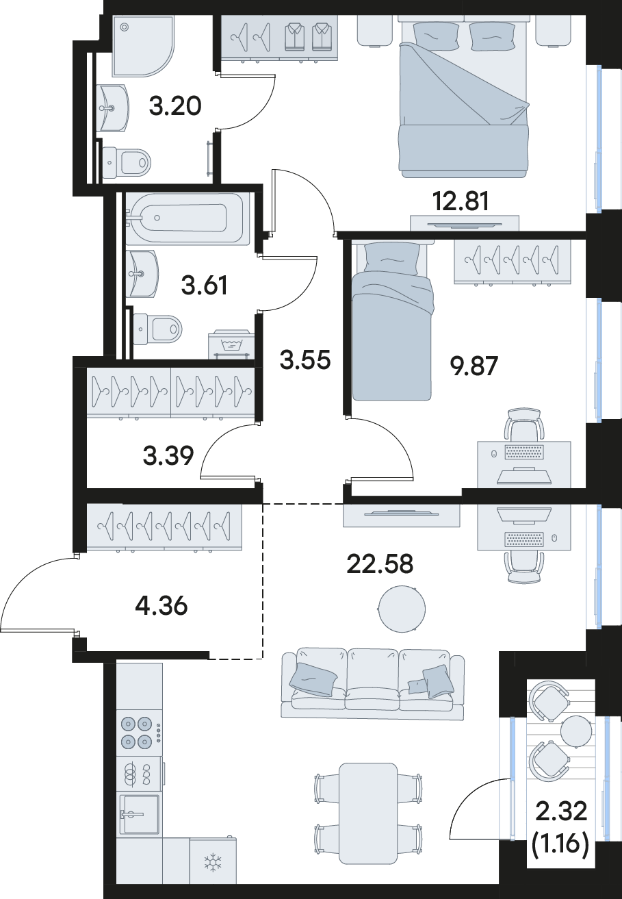 2-комнатная 64 м2 в ЖК Кольский корпус null этаж 6