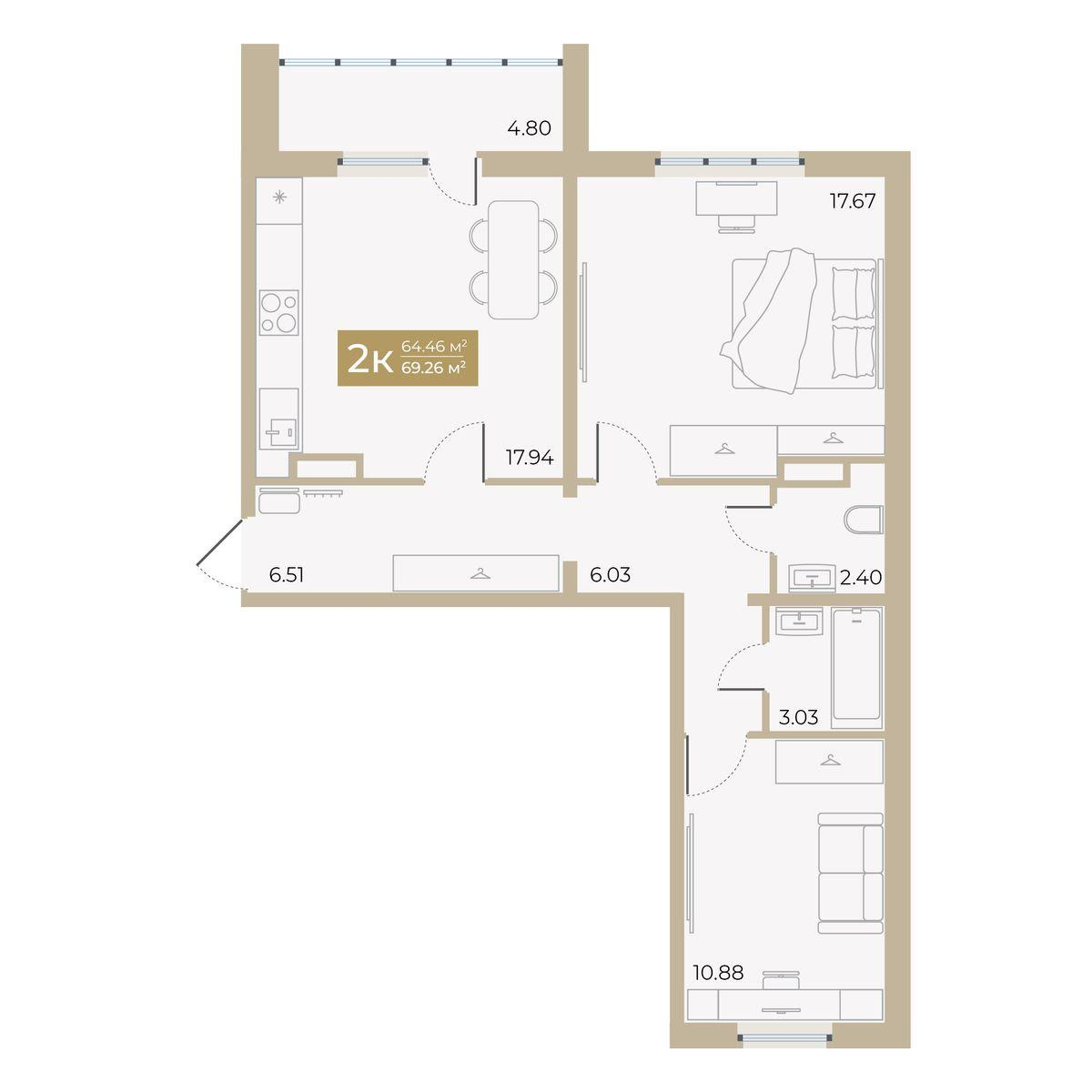 2-комнатная 64 м2 в ЖК Спутник-2 корпус null этаж 11