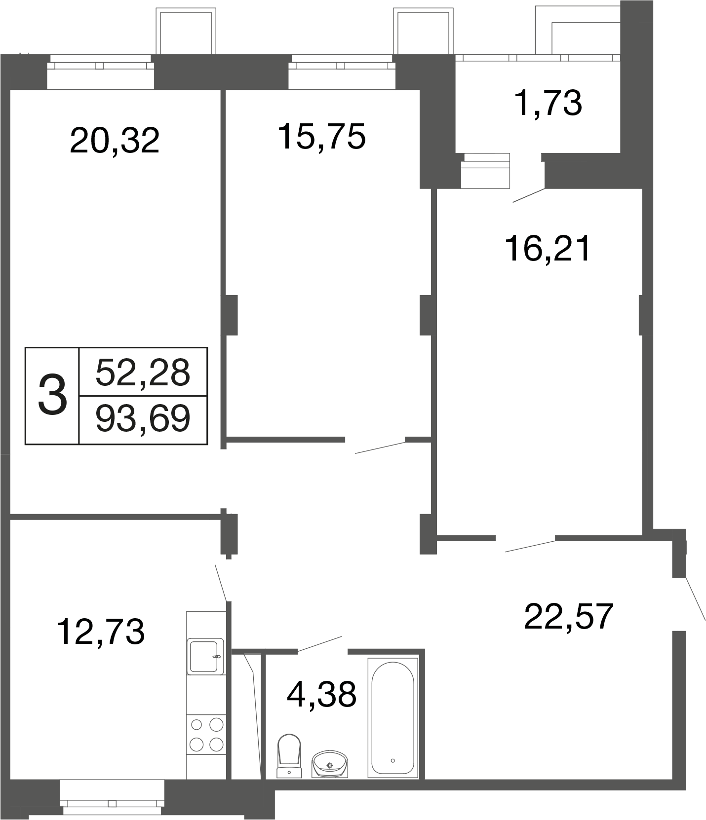 3-комнатная 93 м2 в ЖК Времена года корпус null этаж 1