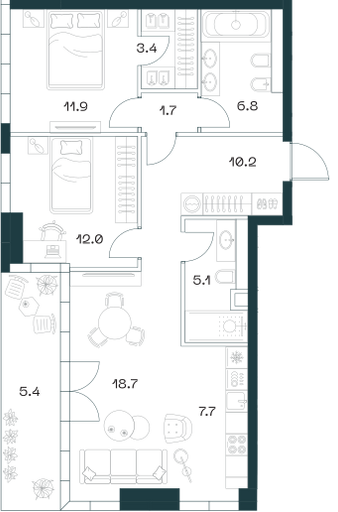3-комнатная 82 м2 в ЖК Shift корпус null этаж 7
