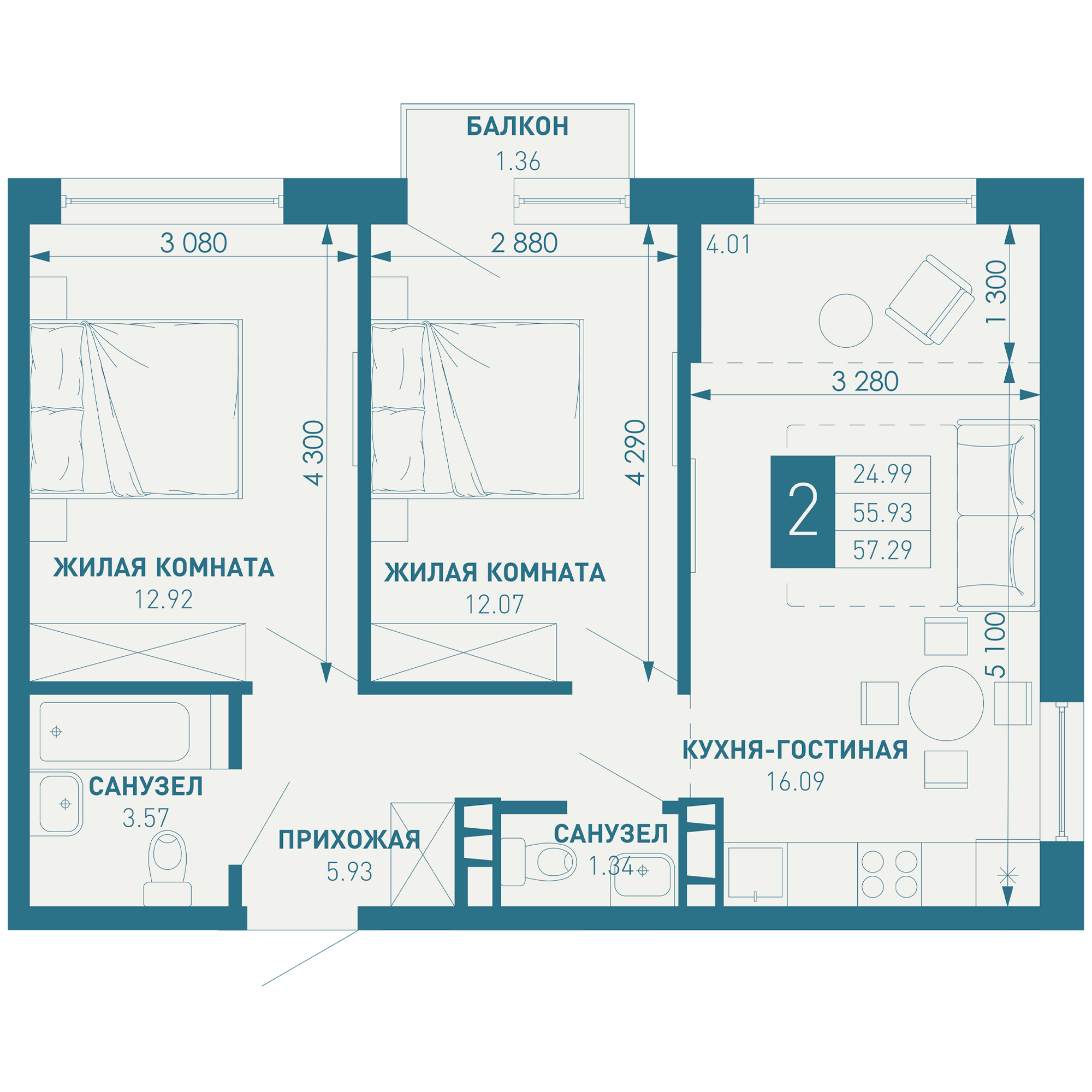 2-комнатная 59 м2 в ЖК ИНАЧЕ в Молодежном корпус null этаж 2