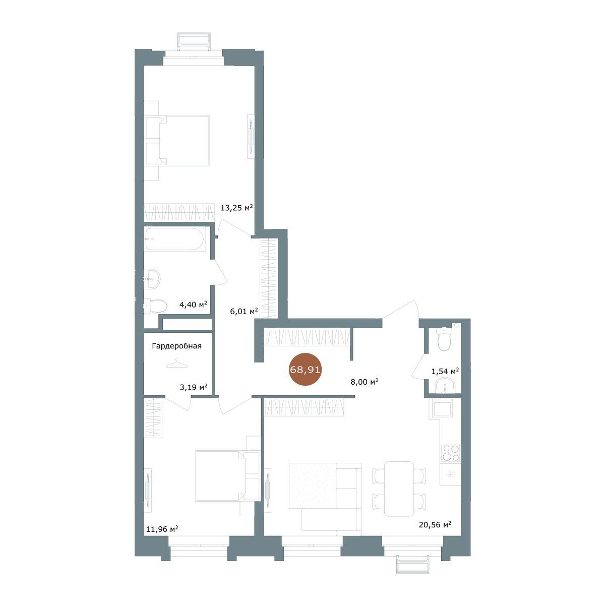 3-комнатная 68 м2 в ЖК 19/56 Кварталы Телецентра корпус null этаж 4