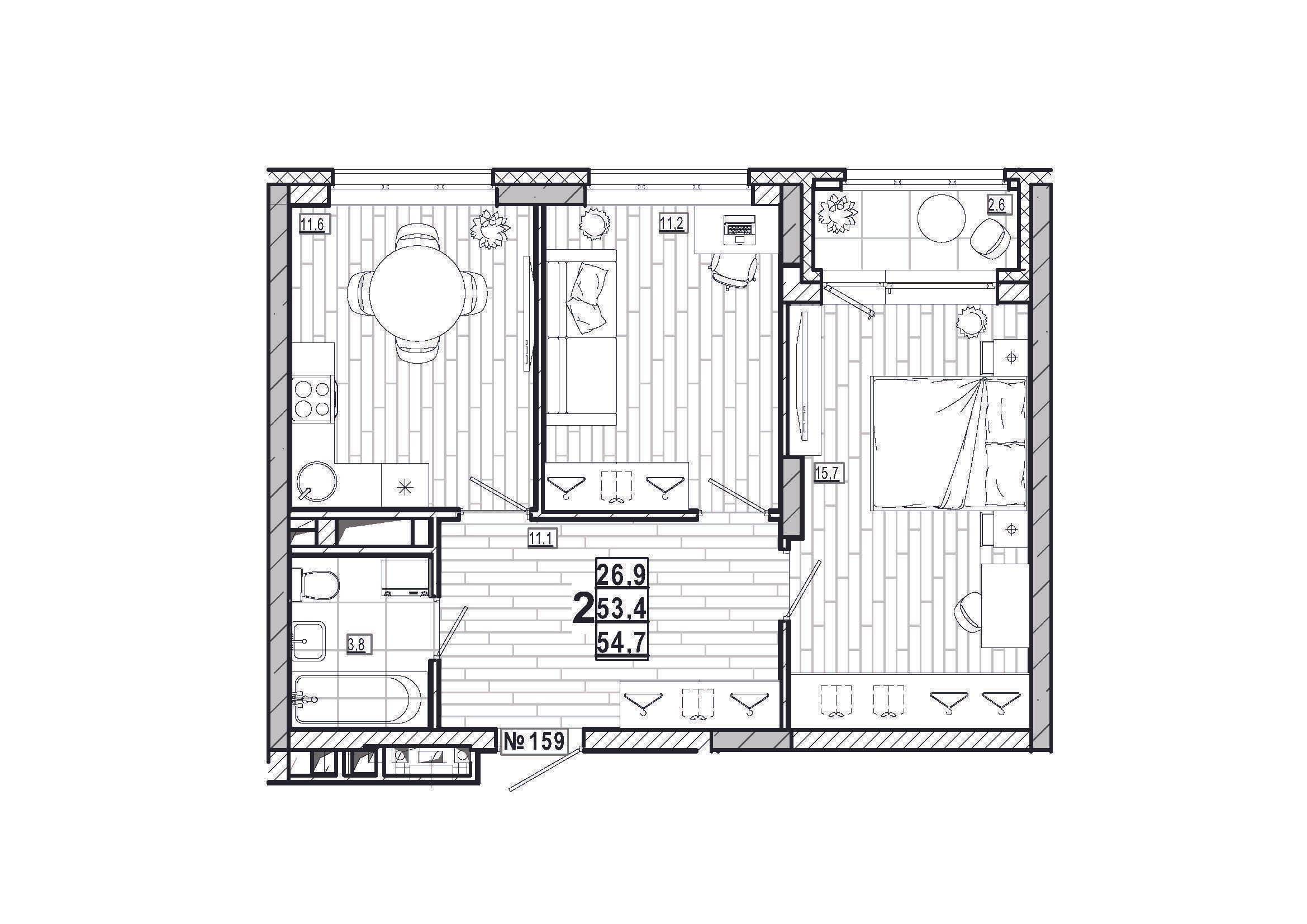 2-комнатная 54 м2 в ЖК Дом на Маяковского корпус null этаж 3