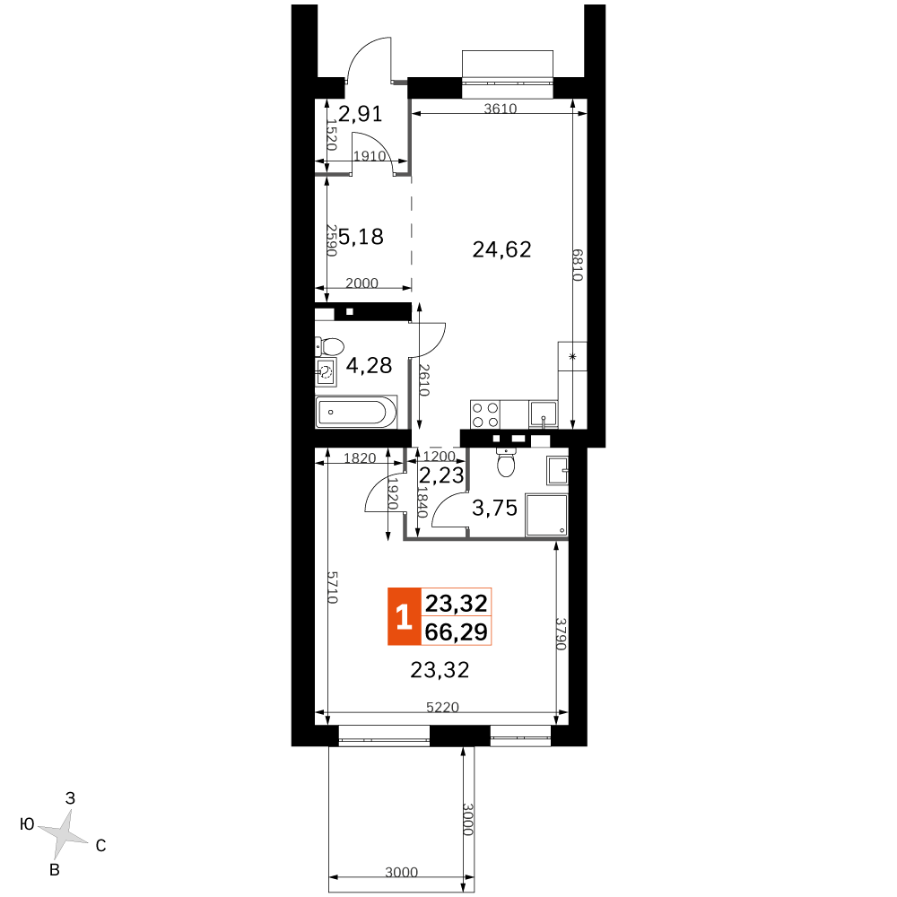 2-комнатная 65 м2 в ЖК Жаворонки Клаб корпус null этаж 1