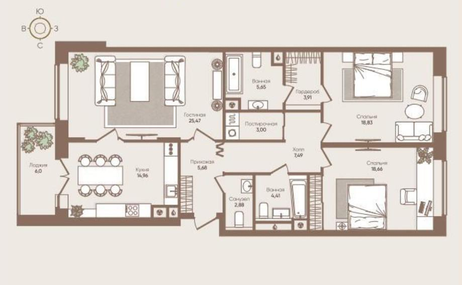 3-комнатная 114 м2 в ЖК undefined корпус null этаж 4