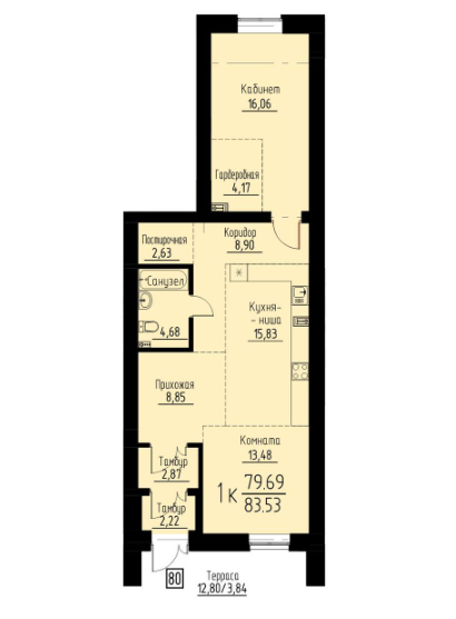 3-комнатная 83.5 м2 в ЖК undefined корпус null этаж 1
