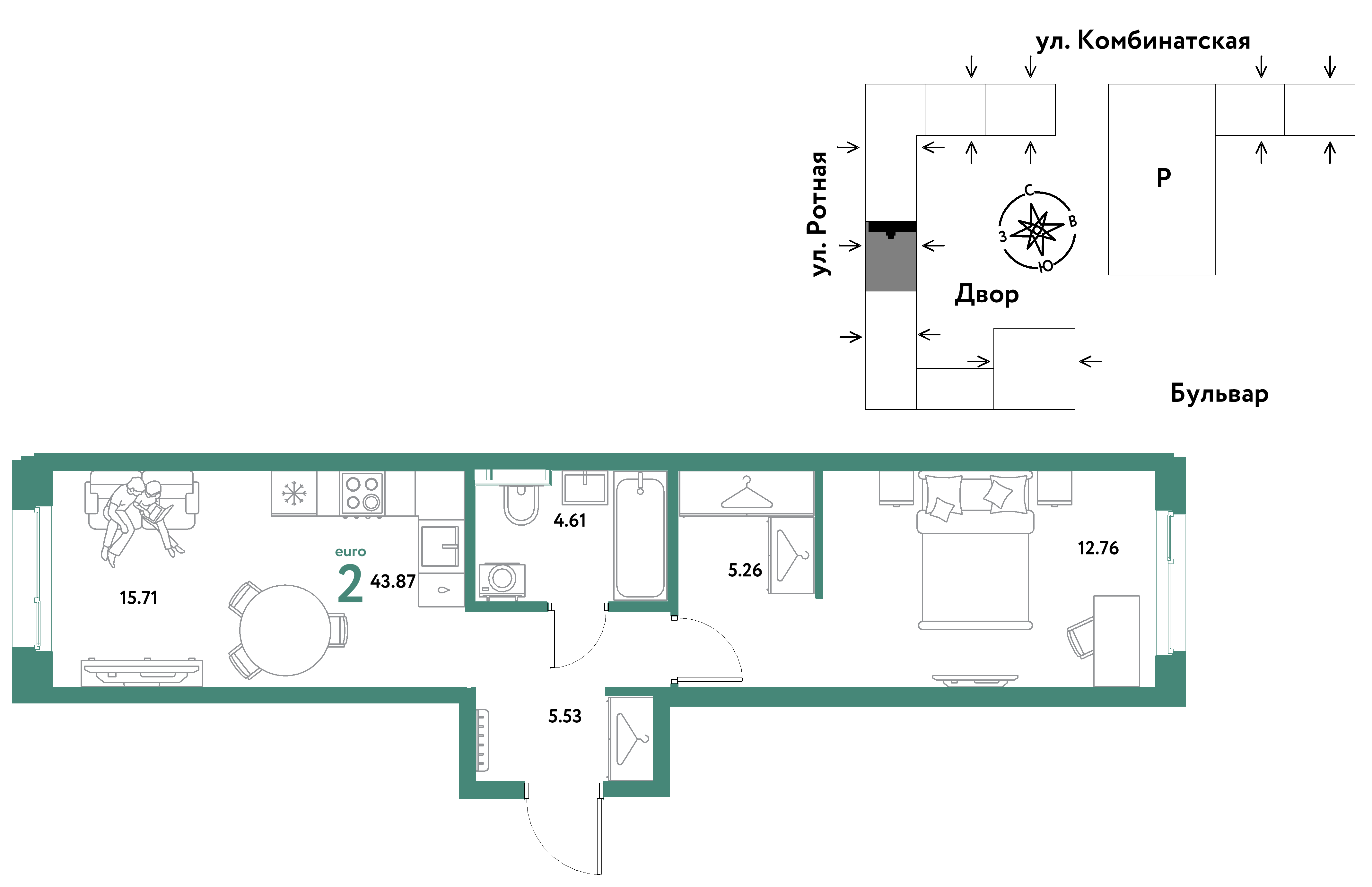 Студия 43 м2 в ЖК Уральский сад корпус null этаж 12