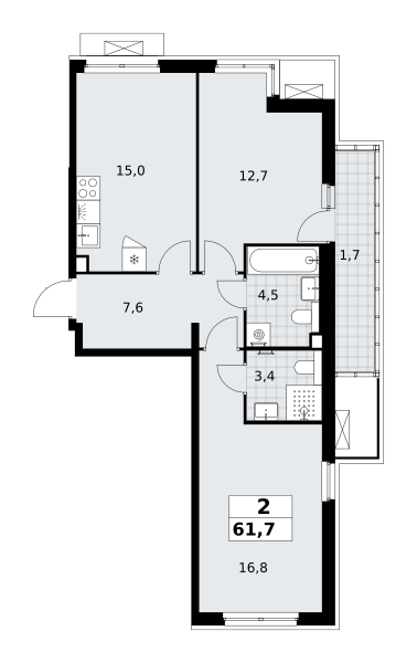2-комнатная 61 м2 в ЖК Деснаречье корпус null этаж 2