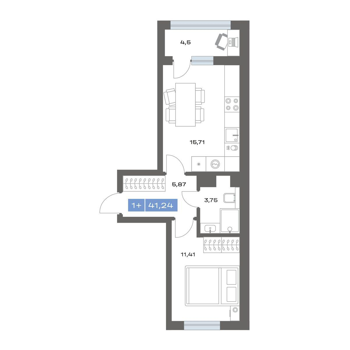 1-комнатная 41 м2 в ЖК Пятнашка корпус null этаж 5