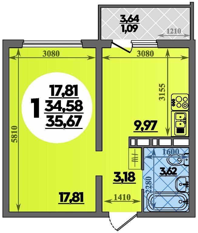 1-комнатная 35 м2 в ЖК Платовский корпус null этаж 6