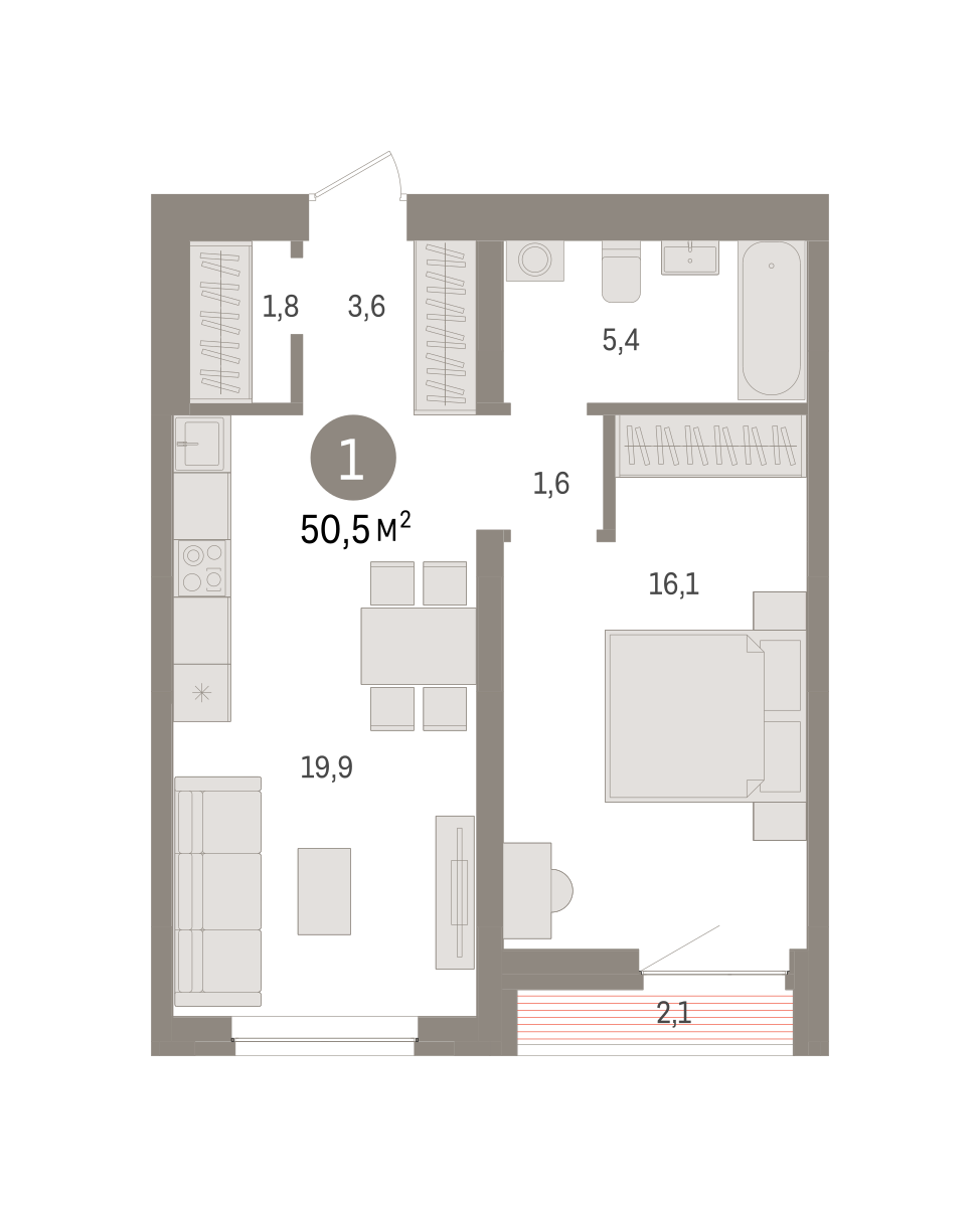 1-комнатная 50 м2 в ЖК Речной порт корпус null этаж 9