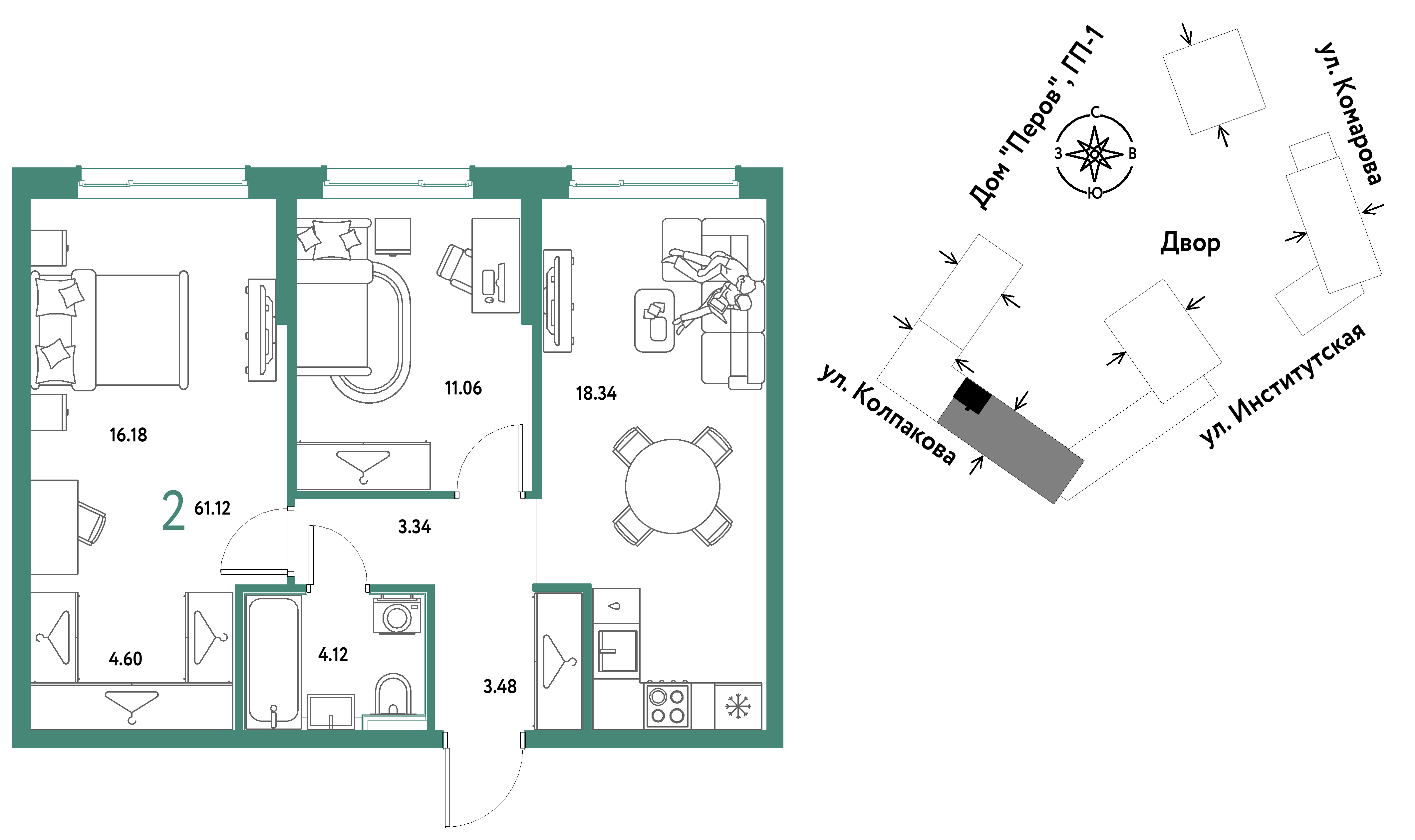 2-комнатная 61 м2 в ЖК Страна.Парковая корпус null этаж 9