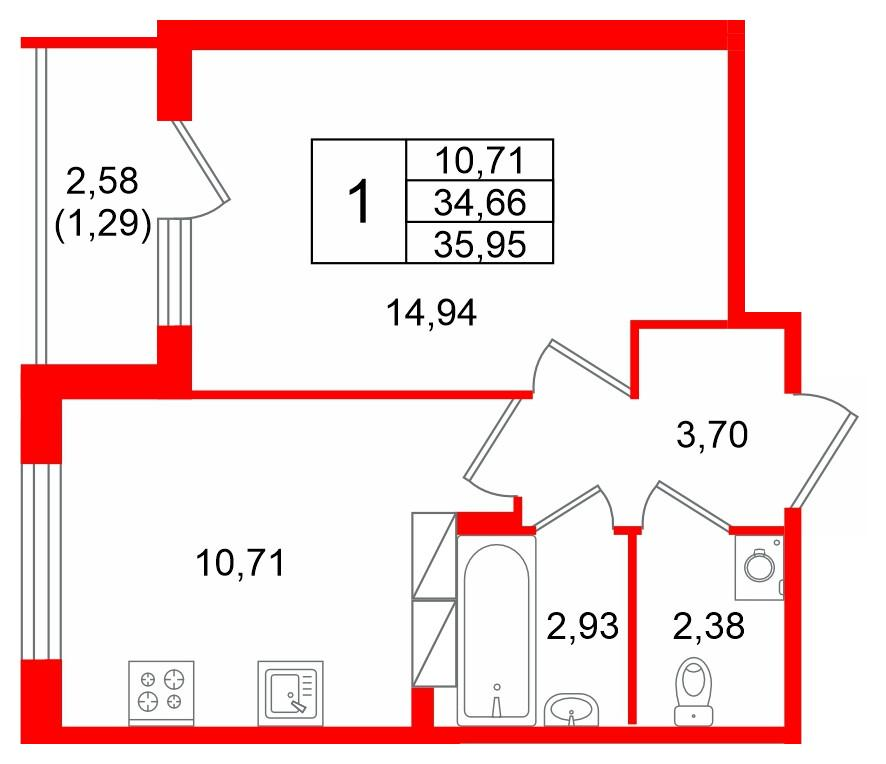 1-комнатная 35 м2 в ЖК Квартал Заречье корпус null этаж 2