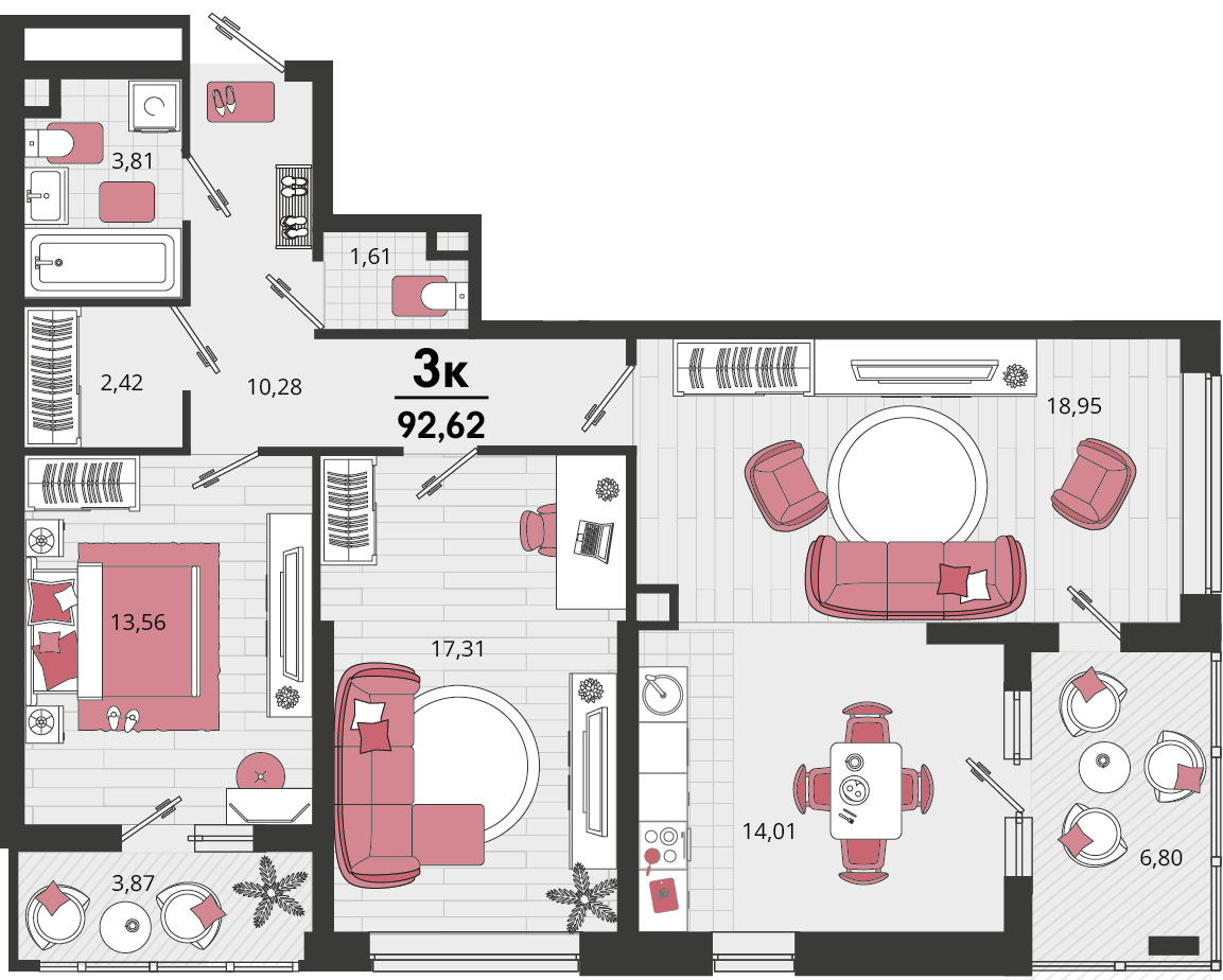 3-комнатная 90 м2 в ЖК Родные просторы корпус null этаж 18