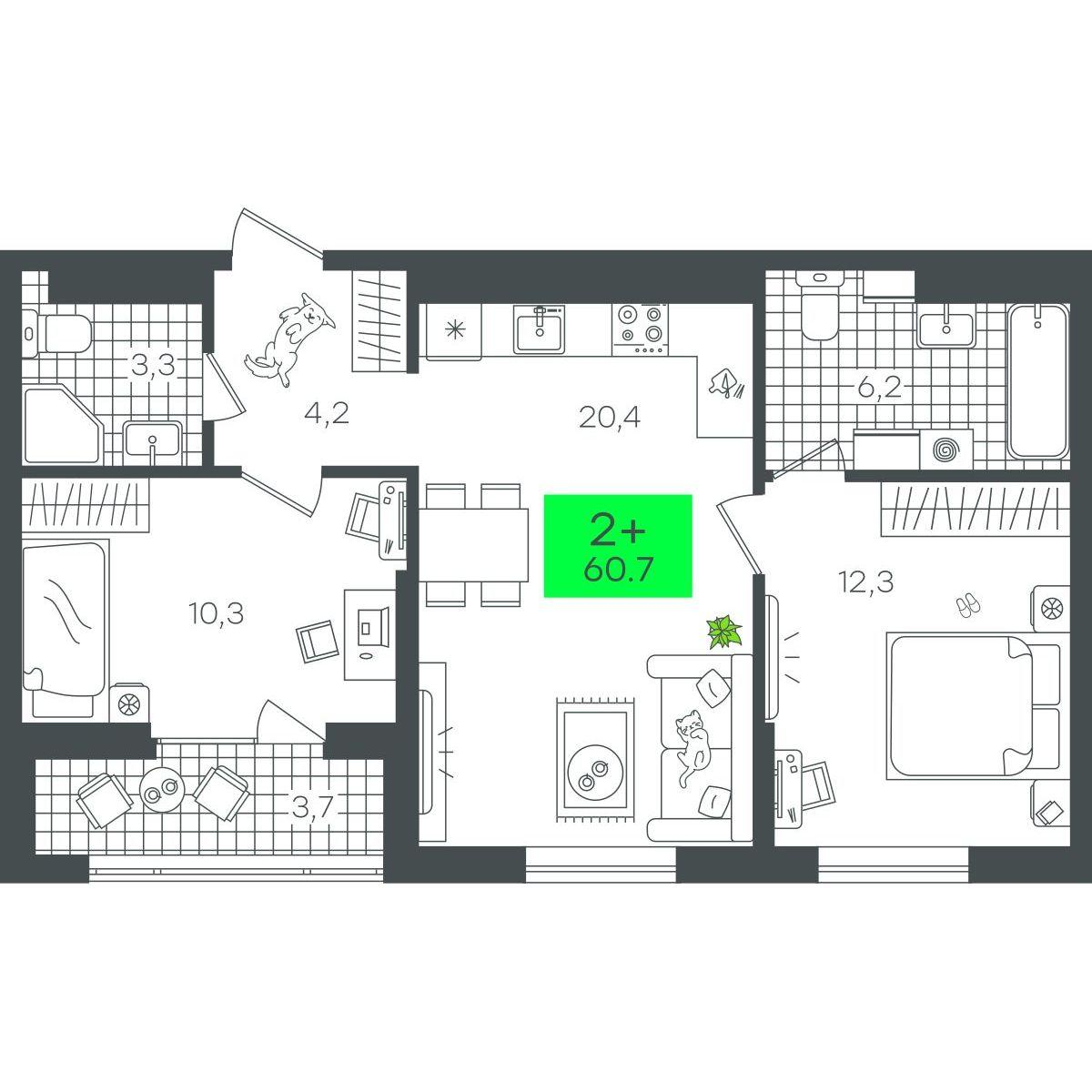 2-комнатная 60 м2 в ЖК Гранд Квартал корпус null этаж 15