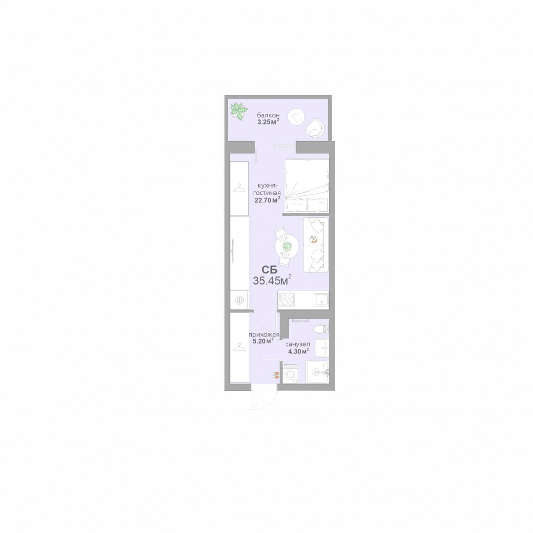 Студия 35.5 м2 в ЖК undefined корпус null этаж 15