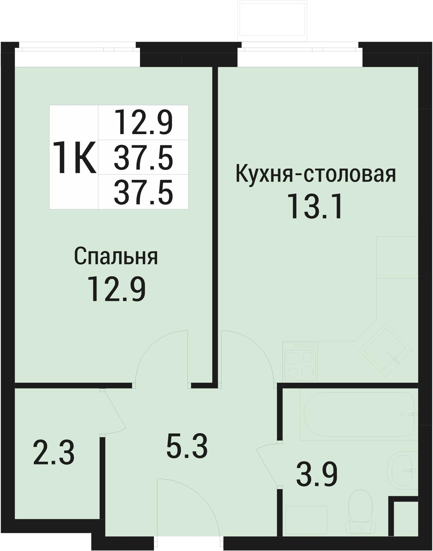 1-комнатная 37 м2 в ЖК Дом в Малаховке корпус null этаж 1