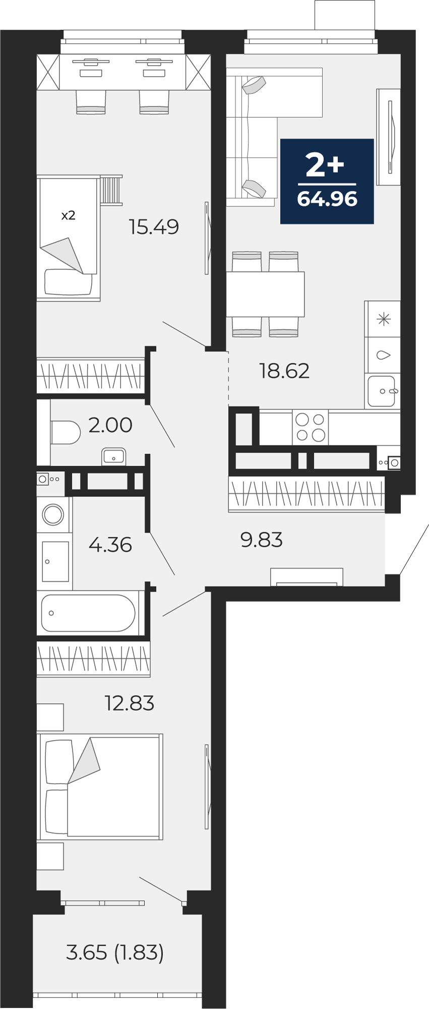 2-комнатная 63 м2 в ЖК Прео корпус null этаж 3