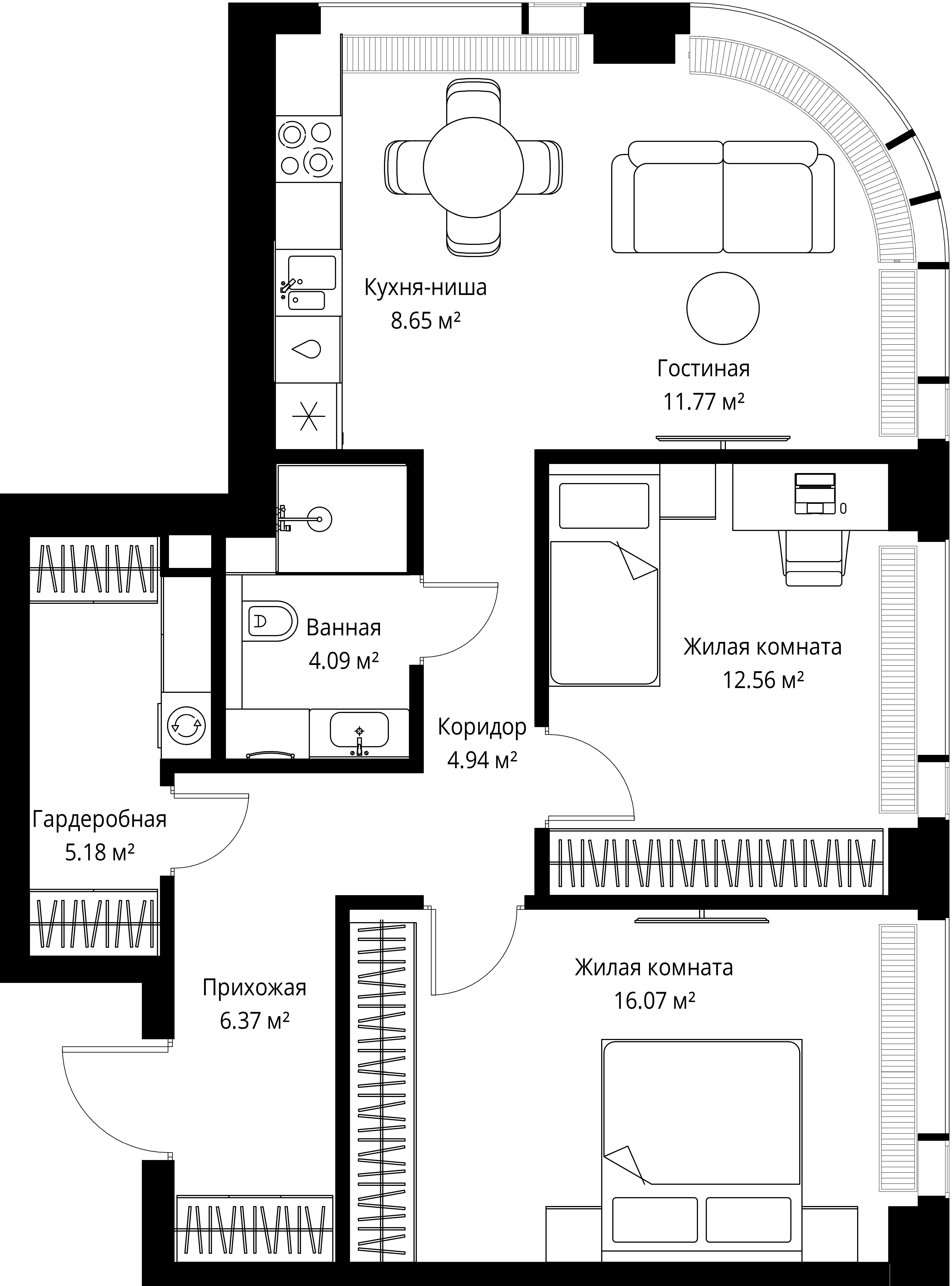2-комнатная 69 м2 в ЖК ВЕЕР корпус null этаж 38