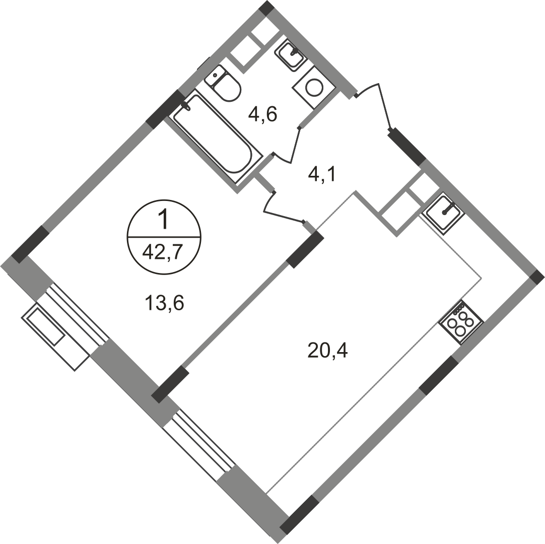 1-комнатная 42 м2 в ЖК Резиденции Сколково корпус null этаж 7