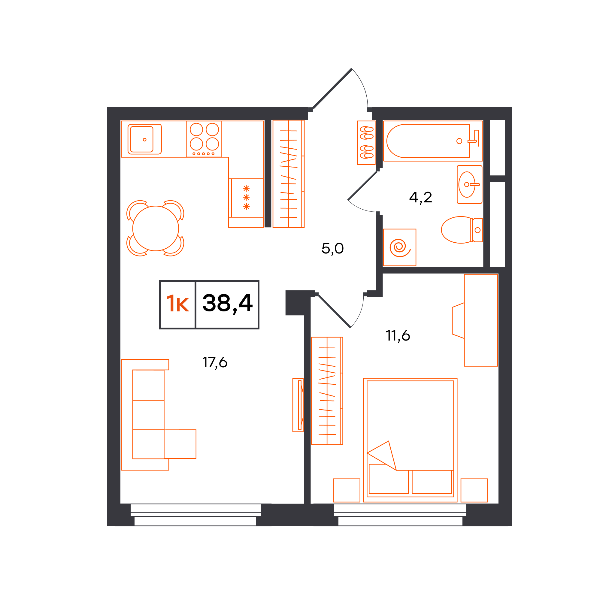 1-комнатная 38 м2 в ЖК Отличие корпус null этаж 4