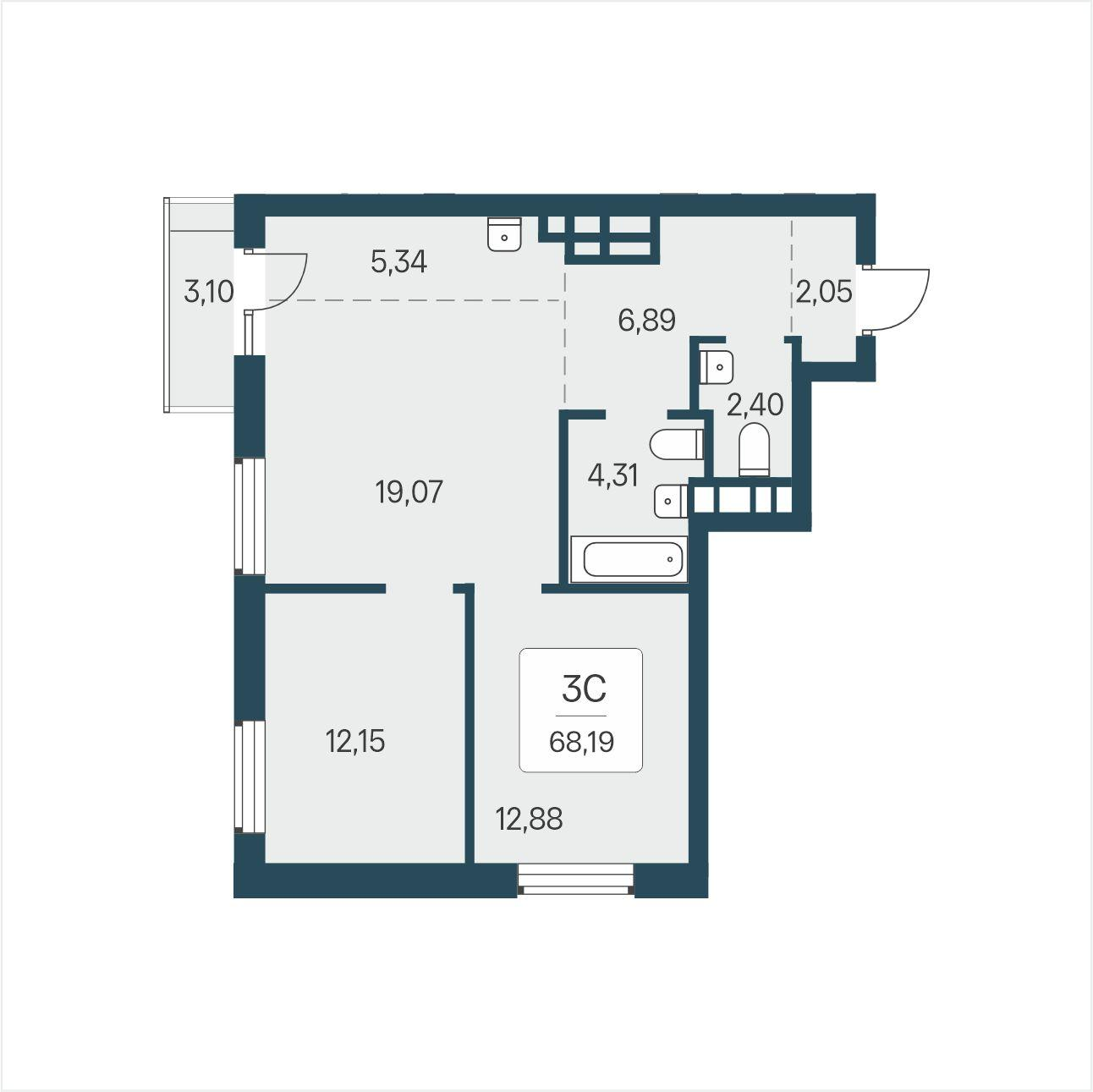 3-комнатная 68 м2 в ЖК Расцветай в Солнечном корпус null этаж 14
