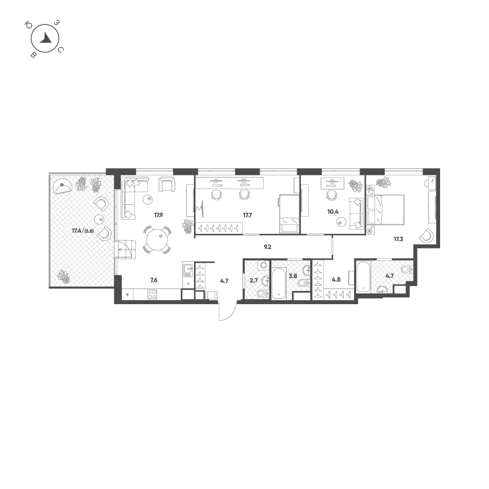 4-комнатная 106 м2 в ЖК Воксхолл корпус null этаж 13