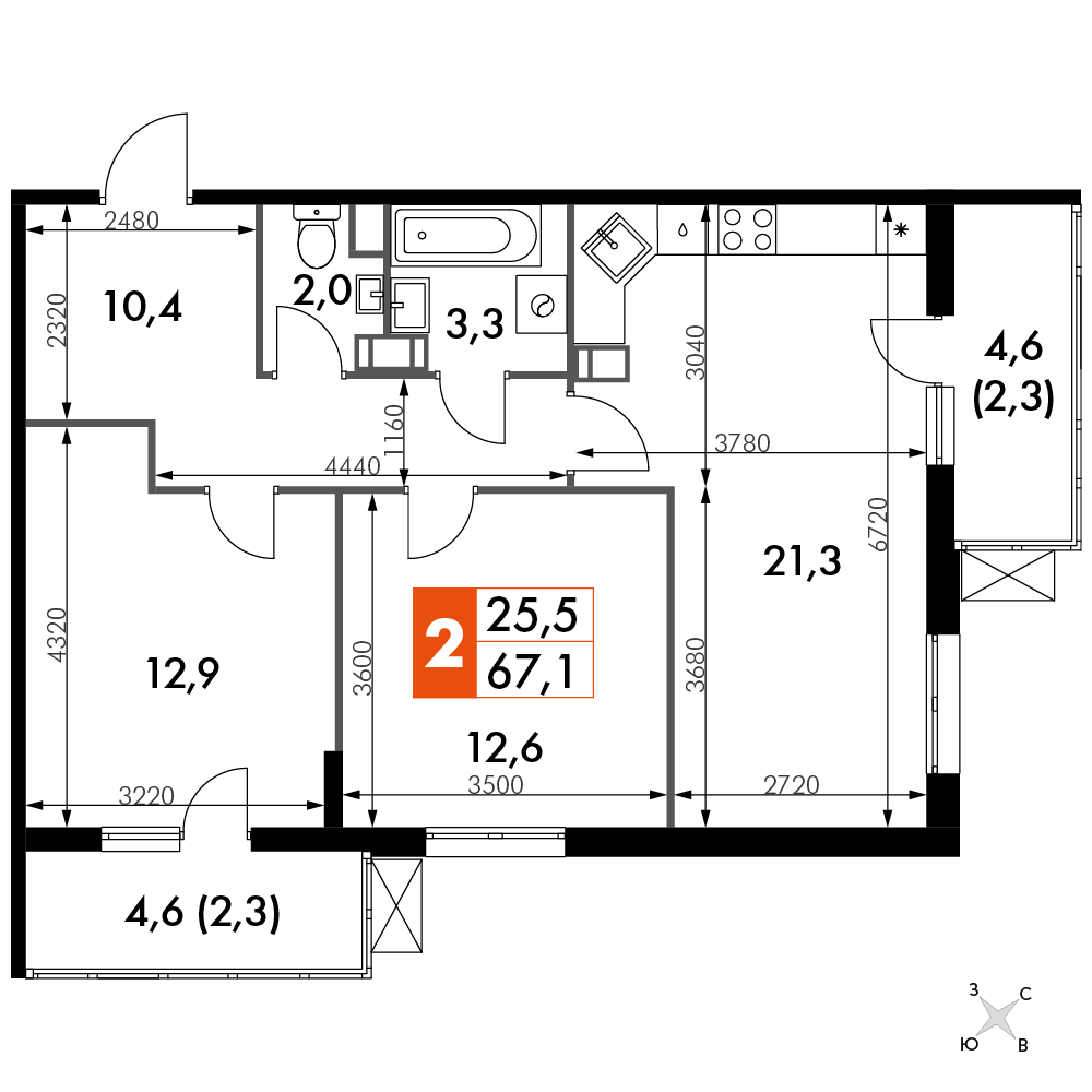 2-комнатная 67 м2 в ЖК Олимп корпус null этаж 9